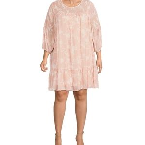 NWT Calvin Klein Balloon Sleeve Smocked Crinkle Chiffon A-Line Dress Plus